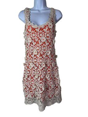 Charlotte Tarantola Floral Lace Overlay Sleeveless Dress Orange Cream Size Small